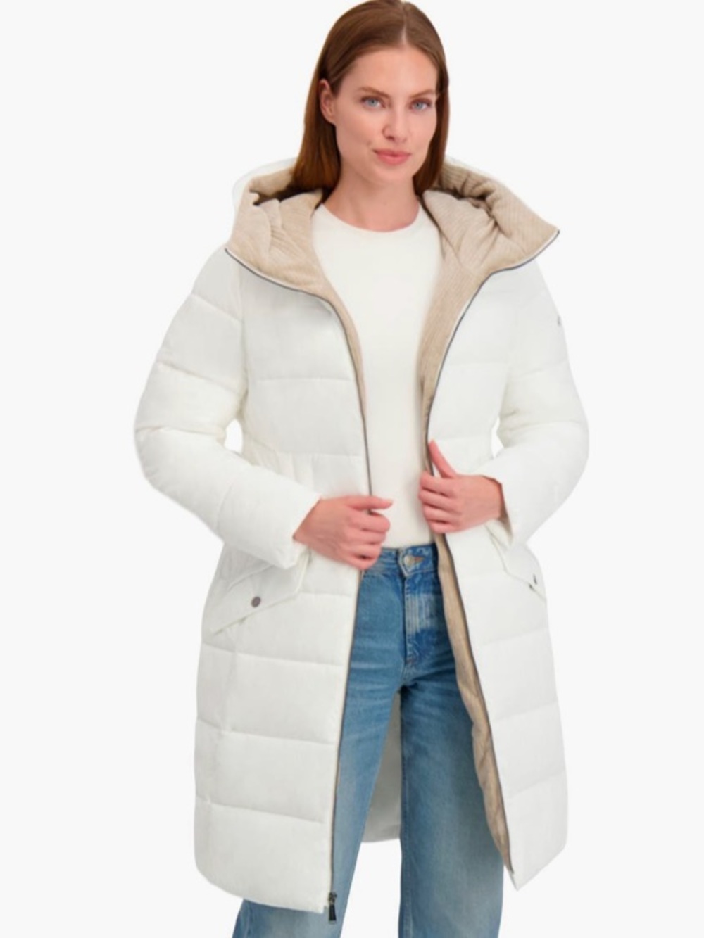 Laundry by Shelli Segal Off White Quilted Puffer Coat Tan Corduroy Hood Larg
